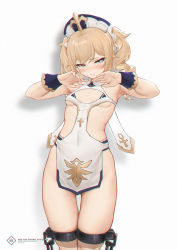 1girl bad_id bad_pixiv_id barbara_(genshin_impact) blonde_hair blue_eyes blush breasts chain chinese_commentary commentary_request covered_navel cuffs dress drill_hair english_text genshin_impact hands_up hat highres l_ract long_hair looking_at_viewer parted_lips simple_background small_breasts solo standing thigh_gap twin_drills twintails underboob white_background white_dress white_hat wrist_cuffs
