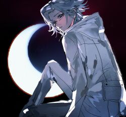 1boy aotsuki_eito binxngchng1 black_background blue_background blue_eyes crescent_moon eyelashes glasses gradient_background jacket male_focus moon pants parted_hair red_background simple_background sitting solo solo_focus the_hundred_line_-last_defense_academy- turning_head white_hair white_jacket white_pants