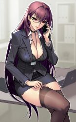 1girl absurdres black_bra black_choker black_jacket black_skirt blazer bra breasts choker cleavage closed_mouth computer dynamitenatalia earrings fate/grand_order fate_(series) gold_earrings hair_intakes highres hoop_earrings indoors jacket jewelry laptop large_breasts lips long_hair looking_down office_lady pencil_skirt purple_hair red_eyes scathach_(fate) sitting skirt solo talking_on_phone thighhighs underwear very_long_hair zettai_ryouiki