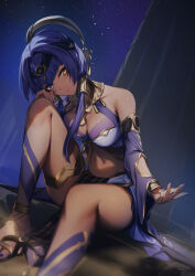 1girl bare_shoulders blue_eyes blue_hair blue_nails blush candace_(genshin_impact) closed_mouth dark-skinned_female dark_skin foot_out_of_frame genshin_impact genyaky hair_ornament heterochromia highres jewelry long_hair long_sleeves looking_at_viewer nail_polish navel night outdoors signature sitting smile thighlet thighs toenail_polish toenails yellow_eyes