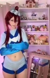 Rule 34 | 1girl, animated, ass, cosplay, crop top, crossed arms, long hair, looking at viewer, mirror, nintendo, pokemon, pokemon bw, real life, red hair, shorts, skyla (pokemon), skyla (pokemon) (cosplay), stuffed toy, sushi.buniii, tagme, video