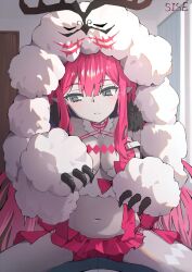 1girl averting_eyes baobhan_sith_(fate) baobhan_sith_(swimsuit_pretender)_(fate) baobhan_sith_(swimsuit_pretender)_(first_ascension)_(fate) blush breasts camisole cernunnos_(fate) detached_collar fate/grand_order fate_(series) fur-trimmed_jacket fur_trim headwear_with_attached_mittens highres jacket long_hair microskirt navel pink_hair pointy_ears pov sidelocks sise skirt straddling white_camisole white_jacket