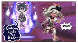 1boy 1girl allister_(pokemon) artist_name barefoot bea_(pokemon) black_hair bow collared_shirt creatures_(company) dark_skin english_text fleeing floating game_freak gen_7_pokemon gloves gym_leader hair_bow hairband hallway highres long_sleeves meme mimikyu nintendo open_mouth pokemon pokemon_(creature) pokemon_swsh poster_(object) purple_background round_teeth running scared shirt short_hair short_sleeves shorts single_glove stoic_seraphim suspenders tears teeth twitter_username white_footwear white_hair
