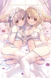 2girls ass bed_sheet blue_nails blue_panties blush breasts brown_eyes brown_hair cleavage commentary_request curtains day flower frilled_pillow frills hand_up indoors long_hair looking_at_viewer medium_breasts multiple_girls nail_polish navel no_shoes on_bed original panties panty_pull parted_lips pillow purple_panties red_flower red_rose rose side-tie_panties smile sunlight thighhighs underwear untied_panties white_thighhighs window wrist_cuffs yukie_(peach_candy)
