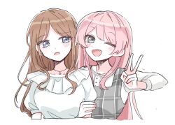 Rule 34 | 2girls, at 09098, bang dream!, bang dream! it&#039;s mygo!!!!!, blue eyes, blush, brown hair, chihaya anon, commentary request, dress, fang, grabbing another&#039;s arm, grey dress, grey eyes, korean commentary, long hair, multiple girls, nagasaki soyo, one eye closed, open mouth, pinafore dress, pink hair, plaid clothes, plaid dress, shirt, short sleeves, sidelocks, simple background, sleeveless, sleeveless dress, three-quarter sleeves, white background, white shirt