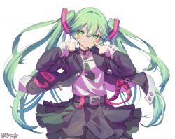 1girl aqua_hair baronilu belt black_jacket black_skirt blush cowboy_shot fingersmile floating_hair green_eyes green_hair green_necktie grin hair_between_eyes hair_ornament hands_up hatsune_miku jacket layered_skirt long_hair long_sleeves looking_at_viewer multicolored_skirt necktie open_clothes open_jacket pleated_skirt pointing pointing_at_self purple_jacket shirt simple_background skirt smile solo twintails two-tone_skirt very_long_hair vocaloid white_background white_shirt