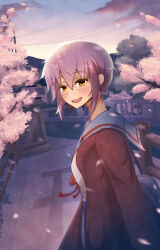 Rule 34 | 1girl, absurdres, blue sailor collar, blue skirt, blush, bridge, brown eyes, cherry blossoms, glasses, highres, house, jjdan, kita high school uniform, looking at viewer, nagato yuki, nagato yuki-chan no shoushitsu, open mouth, power lines, purple hair, round eyewear, sailor collar, school uniform, serafuku, short hair, sidewalk, skirt, smile, solo, spring (season), suzumiya haruhi no shoushitsu, suzumiya haruhi no yuuutsu, winter uniform