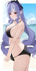 Rule 34 | 1girl, bikini, black bikini, blush, bow, breasts, highres, kirishe1101, long hair, long sleeves, looking at viewer, mole, mole under eye, pointy ears, purple hair, red eyes, solo, swimsuit, vivian banshee, zenless zone zero