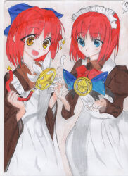 2girls ? absurdres apron blue_eyes blush bow fate/kaleid_liner_prisma_illya fate_(series) getsuberseiker hair_bow highres hisui_(tsukihime) japanese_clothes kaleidostick kohaku_(tsukihime) long_sleeves magical_ruby magical_sapphire maid maid_apron maid_headdress multiple_girls open_mouth puffy_sleeves red_hair ribbon short_hair siblings sisters smile spanish_commentary spoken_question_mark traditional_media tsukihime twins white_apron yellow_eyes