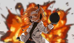 1girl a.i._voice adachi_rei belt belt_pouch black_gloves black_shirt blurry blurry_background bomb drawstring explosion explosive floating_hair gloves hair_over_one_eye hair_ribbon hand_up headset holding holding_bomb jacket kuuurusuke long_sleeves looking_at_viewer medium_hair open_clothes open_jacket orange_belt orange_eyes orange_hair pouch ribbon shirt solo standing upper_body utau white_jacket white_ribbon