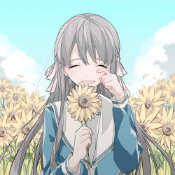 1girl :d blue_serafuku blue_sky blush brown_hair closed_eyes cloud cloudy_sky flower fruits_basket holding holding_flower honda_tooru long_hair long_sleeves okome_shoujo open_mouth school_uniform serafuku sky smile solo sunflower tears wiping_tears yellow_flower