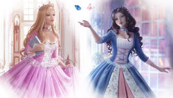 2girls anneliese_(barbie) balcony barbie_(character) barbie_(franchise) barbie_as_the_princess_and_the_pauper blonde_hair blue_choker blue_dress blue_eyes book breasts brown_hair bug butterfly castle choker corset cowboy_shot crown curly_hair door door_handle dress erika_(barbie) filigree floral_dress floral_print flower flower_wreath formal_clothes frilled_dress frills gold_trim gown hair_flower hair_ornament hand_up head_wreath heart heart_choker heart_necklace holding holding_book indoors insect interior jewelry landscape lattice long_hair long_sleeves looking_ahead medieval multiple_girls necklace open_mouth outdoors outstretched_arm palace parted_lips pink_butterfly pink_choker pink_dress pink_lips pink_ribbon plant princess princess_and_the_pauper realistic red_lips renaissance_clothes ribbon ringlets rose skirt_hold square_neckline sunlight tiara tree vines wavy_hair wickellia window wisteria