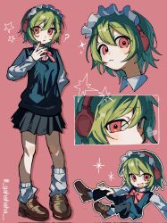 Rule 34 | 1girl, :d, :o, ?, absurdres, ben-day dots, black outline, black skirt, black sweater vest, bow, bowtie, brown shoes, collared shirt, commentary, deformed, expressionless, finger to own chin, frilled hairband, frills, full body, green hair, green nails, hair between eyes, hairband, headphones, heart, highres, inset, leg warmers, looking at viewer, multiple views, open mouth, original, outline, pink background, pleated skirt, red bow, red bowtie, red eyes, sashimisu, screentones, shirt, shoes, short hair, simple background, skirt, smile, star (symbol), sweater vest, twitter username, white leg warmers, white outline, white shirt