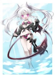 1girl barefoot bikini bikini_under_clothes blush clothes_pull demon_girl demon_tail demon_wings dress_shirt fang female_focus foreshortening full_body horns long_hair low_wings mofetousu_furuna navel open_mouth original pale_skin pink_eyes pointy_ears red_bikini saru shirt shirt_pull side-tie_bikini_bottom solo swimsuit swimsuit_under_clothes tail tied_shirt twintails white_hair wings