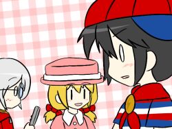 Rule 34 | 1girl, 2boys, ana (mother), baseball cap, black hair, blonde hair, blue eyes, dress, from side, glasses, hat, lastworry111, lloyd (mother), mother (series), mother 1, multiple boys, ninten, nintendo, parody, pink dress, ribbon, shirt, short hair, short twintails, smile, striped clothes, striped shirt, triple baka (vocaloid), twintails