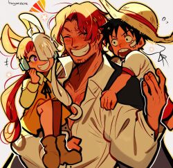 Rule 34 | 1girl, 2boys, ^ ^, absurdres, aged down, artist name, bandaid, bandaid on face, beard stubble, black hair, boots, closed eyes, commentary, english commentary, facial hair, father and daughter, hair over one eye, hat, headphones, highres, huyandere, monkey d. luffy, multicolored hair, multiple boys, on shoulder, one piece, one piece film: red, red hair, shanks (one piece), simple background, smile, straw hat, stubble, twintails, two-tone hair, uta (one piece), white hair