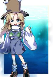 Rule 34 | 1girl, absurdres, blonde hair, blue eyes, blue skirt, breasts, brown hat, brown shoes, commentary request, hair ribbon, hat, highres, medium breasts, moriya suwako, open mouth, ribbon, sanzui, shoes, skirt, sleeves past wrists, smile, socks, solo, touhou, white socks, wide sleeves