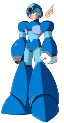 1boy android arm_cannon armor artist_logo blue_armor blue_helmet clenched_hand closed_mouth forehead_jewel full_body gloves green_eyes helmet highres jewelry logo mega_man_(series) mega_man_x_(series) robot robot_ears simple_background solo standing strike_sketch weapon white_background white_gloves x_(mega_man)