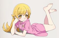 1girl :3 alternate_costume bare_legs barefoot blonde_hair blush blush_stickers closed_mouth commentary english_commentary eyelashes feet feet_up full_body grey_background highres hood hood_down hoodie legs long_hair looking_at_viewer lying monogatari_(series) on_stomach oshino_shinobu oversized_clothes pink_hoodie ricman_rt short_sleeves simple_background soles solo the_pose toes yellow_eyes