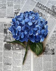 Rule 34 | absurdres, blue flower, flower, highres, hydrangea, julia stankevych, leaf, newspaper, no humans, oil painting (medium), original, painting (medium), photo (medium), realistic, signature, still life, traditional media, wall of text