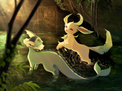 animal_focus artist_name blurry blurry_foreground brown_sclera colored_sclera eye_contact fangs from_behind gen_1_pokemon gen_4_pokemon happy highres jumping leafeon looking_at_another nintendo no_humans notched_ear open_mouth outdoors pawpads plant pokemon pokemon_(creature) purple_eyes smile splashing standing stream vaporeon vines wading water watermark yuhata_(yuh4t4)