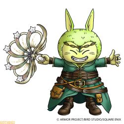 Rule 34 | 1boy, artist request, belt, boots, brown boots, brown corset, closed eyes, colored skin, commentary request, corset, dragon quest, dragon quest x, fangs, full body, gem, green fur, green gemstone, green robe, grin, hand fan, hero (dq10), holding, holding fan, jewelry, male focus, multiple belts, necklace, official alternate costume, official art, puklipo, ring, robe, smile, solo, star (symbol), third-party source, white background, yellow skin