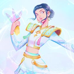 Rule 34 | 1girl, black hair, blunt bangs, closed mouth, commentary, cowboy shot, crop top, double bun, earrings, giaseeds, hair bun, highres, holding, holding weapon, jewelry, kpop demon hunters, long sleeves, looking to the side, ring, short bangs, sidelocks, skirt, smile, solo, weapon, zoey (kpop demon hunters)