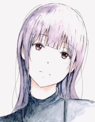 1girl absurdres bbmasa blunt_bangs closed_mouth commentary_request gradient_background grey_background hibike!_euphonium highres liz_to_aoi_tori long_hair looking_at_viewer portrait purple_hair red_eyes solo traditional_media yoroizuka_mizore