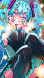 1girl absurdres aqua_eyes aqua_hair bare_shoulders black_skirt black_sleeves black_thighhighs blue_eyes blue_hair blurry controller detached_sleeves emoticon grey_shirt grin hair_between_eyes hair_ornament hands_on_own_cheeks hands_on_own_face hatsune_miku highres jewelry kaomoji long_hair looking_at_viewer miniskirt one_eye_closed pleated_skirt ring shirt sitting skirt sleeveless sleeveless_shirt smile solo star_(symbol) thighhighs tokishima_sikuka twintails very_long_hair vocaloid