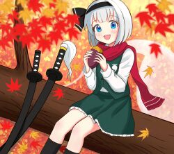 1girl absurdres autumn_leaves black_hairband blue_eyes blush commentary falling_leaves food green_skirt green_vest grey_hair hairband highres hitodama hitodama_print holding holding_food katana konpaku_youmu konpaku_youmu_(ghost) leaf long_sleeves looking_at_viewer multiple_swords open_mouth pancetta_(twitter_1735264787037396992) red_scarf roasted_sweet_potato scarf sheath sheathed shirt sitting skirt skirt_set smile solo sweet_potato sword touhou vest weapon white_shirt