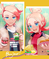 Rule 34 | 1boy, 1girl, black shirt, blue eyes, brown eyes, cup, eyelashes, food, french text, highres, holding, holding cup, holding plate, mug, nintendo, open mouth, plate, pokemon, pokemon legends: z-a, red shirt, ric, sandwich, shirt, steam, taunie (pokemon), urbain (pokemon)