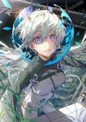 1girl absurdres astronaut breasts commentary_request grin hair_between_eyes highres looking_at_viewer low_twintails magic original purple_eyes smile solo soono_(rlagpfl) space twintails white_hair