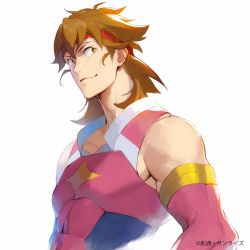 1boy brown_hair commentary_request elbow_gloves gloves gundam gundam_build_divers gundam_build_divers_re:rise headband highres kazami_(gundam_build_divers_re:rise) light_smile long_hair male_focus matsuo_shogo mullet muscular portrait red_headband sleeveless solo torimachi_kazami upper_body white_background yellow_eyes