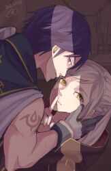 1boy 1girl absurdres blue_hair brand_of_the_exalt chrom_(fire_emblem) closed_mouth commentary_request couple dated female_robin_(fire_emblem) finger_to_mouth fire_emblem fire_emblem_awakening gloves grey_gloves hand_on_another&#039;s_cheek hand_on_another&#039;s_face highres long_hair looking_at_viewer looking_back nekko_donburi nintendo short_hair shushing smile twintails white_hair