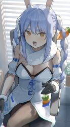 1girl animal_ear_fluff animal_ears bare_shoulders black_gloves black_leotard black_pantyhose blue_hair bow braid breasts carrot carrot_hair_ornament cleavage creature crossed_legs detached_sleeves don-chan_(usada_pekora) dress extra_ears food-themed_hair_ornament fur-trimmed_dress fur-trimmed_gloves fur_trim gloves hair_bow hair_ornament highres hololive large_breasts leotard leotard_under_clothes long_braid long_hair looking_at_viewer miya_illuster multicolored_hair office on_chair open_mouth orange_eyes pantyhose pocket pom_pom_(clothes) puffy_detached_sleeves puffy_sleeves rabbit_ears rabbit_girl short_eyebrows sidelocks sitting solo strapless strapless_leotard thick_eyebrows twin_braids twintails two-tone_hair usada_pekora usada_pekora_(1st_costume) virtual_youtuber white_bow white_dress white_fur white_hair