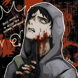 Rule 34 | 1boy, arrow (symbol), bag, black eyes, black hair, blood, blood on face, blood on hands, bloodshot eyes, cry of fear, crying, crying with eyes open, dilated pupils, english text, fanomilov, fingerless gloves, gloves, grey hoodie, gun, gun to chin, gun to head, highres, holding, holding gun, holding weapon, hood, hood up, hoodie, imminent suicide, male focus, narrowed eyes, open mouth, outline, short hair, shoulder bag, simon henriksson, solo, tears, teeth, upper body, upper teeth only, weapon, white outline, worried