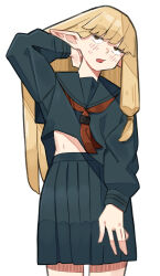 1girl absurdres arm_up black_shirt black_skirt blonde_hair brown_eyes elf highres long_hair neckerchief pleated_skirt pointy_ears red_neckerchief sattinittas school_uniform serafuku serie_(sousou_no_frieren) shirt simple_background skirt solo sousou_no_frieren sweat white_background