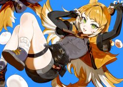 Rule 34 | + +, 1girl, absurdres, animal ear fluff, animal ears, black gloves, blue background, blue shoes, bow, claw pose, collared shirt, colored inner hair, elbow gloves, fingerless gloves, gloves, green eyes, grey shirt, high-waist shorts, highres, jacket, ju fufu, long hair, looking at viewer, multicolored hair, orange fur, shirt, shoes, shorts, smile, socks, striped fur, tail, tail bow, tail ornament, thigh strap, tiger ears, tiger girl, tiger stripes, tiger tail, white socks, yellow jacket, yun-yang, zenless zone zero