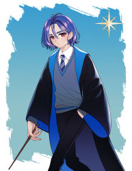 1boy absurdres blue_background blue_hair chinese_commentary collared_shirt commentary_request cosplay feet_out_of_frame gradient_background gundam gundam_gquuuuuux hand_in_pocket harry_potter_(series) highres hogwarts_school_uniform holding holding_wand looking_at_viewer male_focus necktie noelsion open_mouth pants parody ravenclaw red_eyes robe school_uniform shirt short_hair shuji_ito smile solo sweater wand wizarding_world