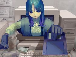 1girl absurdres blue_eyes blue_hair bottle can chopsticks cigarette cigarette_pack computer computer_keyboard computer_tower crt cup_ramen desk drink_can empty_eyes energy_drink fingerless_gloves floppy_disk gloves green_shirt highres holding_floppy_disk indoors long_hair looking_at_viewer monitor original paper parted_bangs shirt smile soda_can solo table test_norma1 through_medium through_screen upper_body