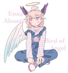 1girl ahoge aloupeep_(enna_alouette) aqua_hair blonde_hair blue_overalls blush_stickers braid character_name crossed_legs dot_nose earrings enna_alouette expressionless full_body hair_intakes halo head_wings highres jewelry looking_to_the_side medium_hair multicolored_hair nijisanji nijisanji_en overalls purple_eyes side_braid simple_background single_wing sitting solo strap_slip streaked_hair virtual_youtuber white_background wings zenrarca017