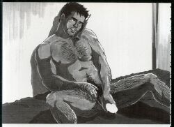 1boy abs antique_phone bara blank_censor calling censored completely_nude echigoya_tatsunosuke feet_out_of_frame greyscale hairy hand_hair highres implied_yaoi knuckle_hair large_pectorals looking_at_viewer magazine_scan male_focus male_masturbation masturbation mature_male monochrome muscular muscular_male navel navel_hair nipples nude original pectorals scan seductive_smile short_hair smile smirk solo spread_legs thick_arm_hair thick_chest_hair thick_eyebrows thick_leg_hair thick_navel_hair translation_request very_hairy