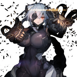 1girl absurdres android black_bodysuit bodysuit breasts covered_navel cowboy_shot crossed_bangs cyborg eyepatch firing grey_hair gun hair_between_eyes headgear highres impossible_bodysuit impossible_clothes large_breasts long_hair looking_at_viewer m004_(natsukaze_shigure) mecha_musume mechanical_tail natsukaze_shigure one_eye_covered original red_eyes science_fiction sidelocks simple_background skin_tight solo tail weapon white_background