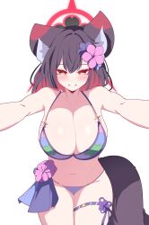 1girl absurdres alternate_hair_length alternate_hairstyle amebrew animal_ear_fluff bare_arms bare_shoulders bikini black_hair blue_archive blue_flower bow breasts cleavage colored_inner_hair flower fox_girl fox_tail hair_flower hair_ornament highres large_breasts looking_at_another multicolored_hair navel official_alternate_costume purple_bikini purple_flower reaching reaching_towards_viewer red_bow solo stomach swimsuit tail two-tone_hair wakamo_(blue_archive) wakamo_(swimsuit)_(blue_archive)