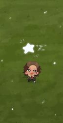 Rule 34 | 1girl, :d, black eyes, brown hair, chibi, chibi only, coat, dolpxler, from above, full body, fur collar, highres, medium hair, open mouth, our life, our life: now and forever, pointing, pointing up, qiu lin (our life), smile, solo, star-shaped pupils, star (symbol), symbol-shaped pupils, winter clothes, winter coat