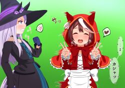 ^_^ angry animal_ears blue_eyes blush brown_hair clenched_hand clenched_teeth closed_eyes collar cosplay drooling hahakigi hair_intakes hand_on_another&#039;s_shoulder hat heart highres hood japanese_text little_red_riding_hood_(grimm)_(cosplay) long_hair mejiro_mcqueen_(umamusume) non-web_source parted_bangs purple_hair pussy_juice pussy_juice_on_fingers short_hair simple_background smirk tagme tears teeth tokai_teio_(umamusume) umamusume victory_pose witch_hat