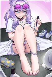 1girl barefoot blue_eyes blush breasts cleavage efreezerarts feet grey_sandals highres kora_kurage lamp long_hair medium_breasts nail_polish panties pantyshot pen purple_hair realcorp sandals shoes socks toenail_polish toenails toes underwear unworn_shoes unworn_socks virtual_youtuber white_sandals