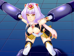 Rule 34 | 1girl, absurdres, azarin (kouyoku senki exs-tia), bdsm, bondage, bound, breasts, breasts out, elbow gloves, exs-tia magica, garoo hoshi, gem, gloves, highres, kouyoku senki exs-tia, large breasts, magical girl, medium breasts, nipples, purple hair, restrained, scarf, short hair, skirt, solo, spread legs, stationary restraints, sweat, thighhighs, torn clothes, wide spread legs, yellow eyes