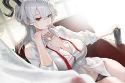 1girl black_horns black_panties breasts can cleavage closed_mouth collarbone collared_shirt commentary couch curled_horns curtains drink_can feet_out_of_frame hair_between_eyes highres holding holding_can horns indoors large_breasts long_hair navel necktie no_pants on_couch panties rain_yoo red_eyes red_necktie shirt sitting solo stomach thighs underwear undone_necktie white_shirt window wuthering_waves zani_(wuthering_waves)
