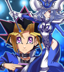 Rule 34 | 1boy, 1girl, black choker, black shirt, blonde hair, blue dress, choker, dress, duel monster, gloves, grey hair, hair over one eye, hat, hip vent, holding, holding staff, long hair, multicolored hair, muto yugi, ogachin, purple eyes, shirt, silent magician, smile, staff, tabard, white gloves, white hat, white tabard, wizard hat, yu-gi-oh!